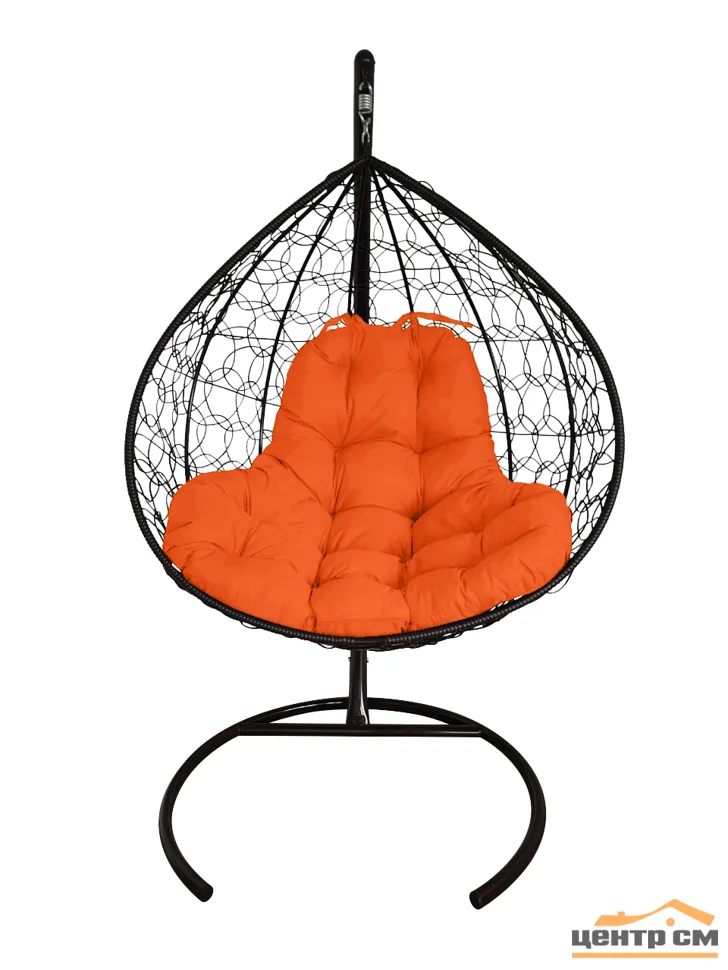 Подвесное кресло двухместное Double/XL, цвет плетения – черный, подушка – оранжевый каркас – черный