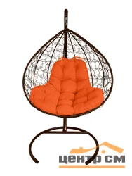 Подвесное кресло двухместное Double/XL, цвет плетения – коричневый, подушка – оранжевая, каркас – коричневый