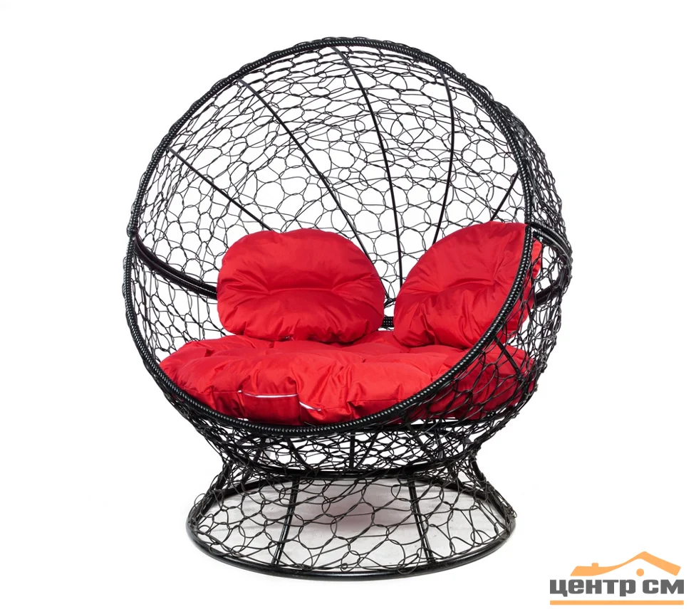 Кресло АПЕЛЬСИН с ротангом чёрное, красная подушка