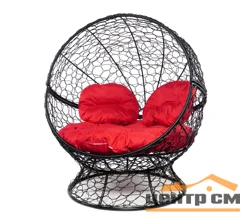 Кресло АПЕЛЬСИН с ротангом чёрное, красная подушка