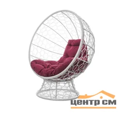 Кресло КОКОС на подставке с ротангом белое, бордовая подушка