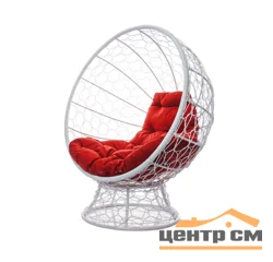 Кресло КОКОС на подставке с ротангом белое, красная подушка