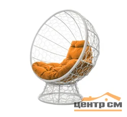 Кресло КОКОС на подставке с ротангом белое, оранжевая подушка