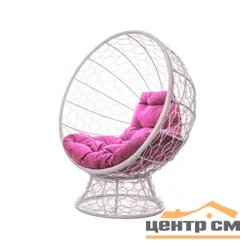 Кресло КОКОС на подставке с ротангом белое, розовая подушка