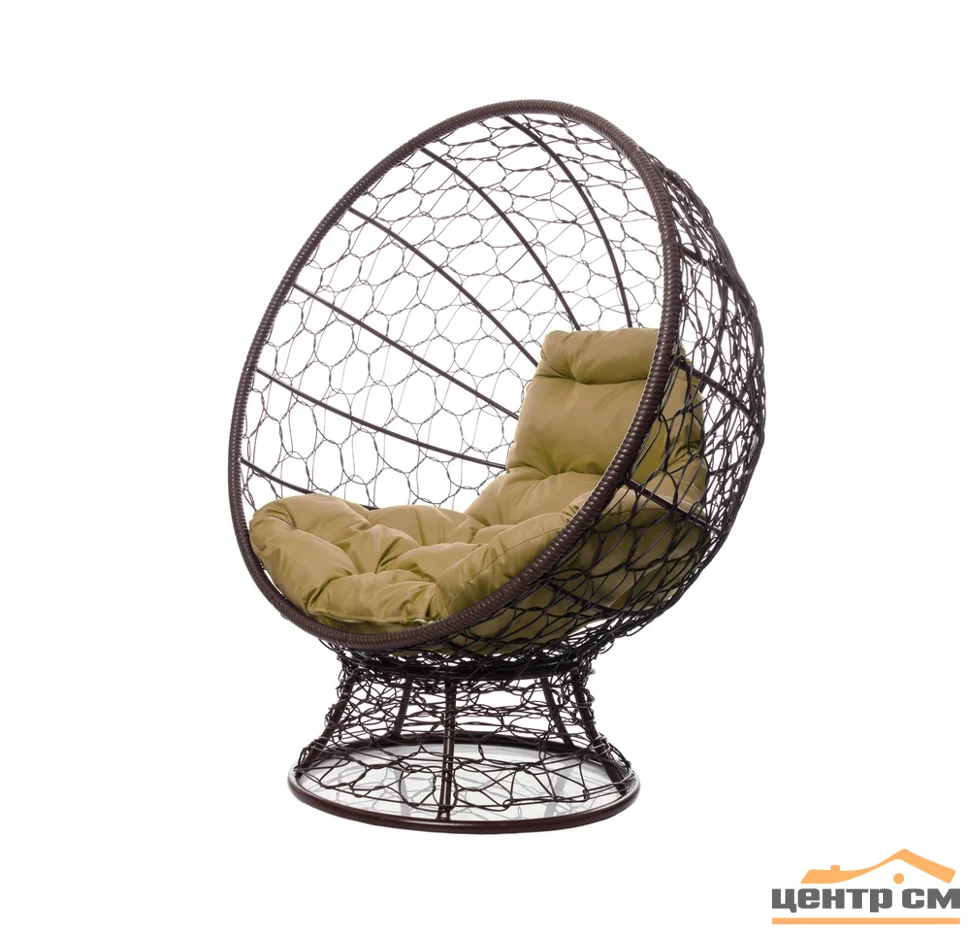 Кресло КОКОС на подставке с ротангом коричневое, бежевая подушка