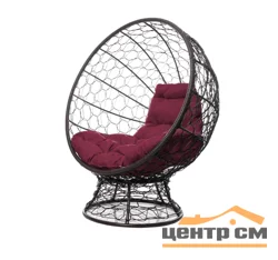 Кресло КОКОС на подставке с ротангом коричневое, бордовая подушка