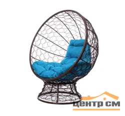 Кресло КОКОС на подставке с ротангом коричневое, голубая подушка