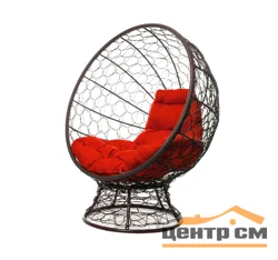 Кресло КОКОС на подставке с ротангом коричневое, красная подушка