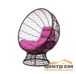 Кресло КОКОС на подставке с ротангом коричневое, розовая подушка