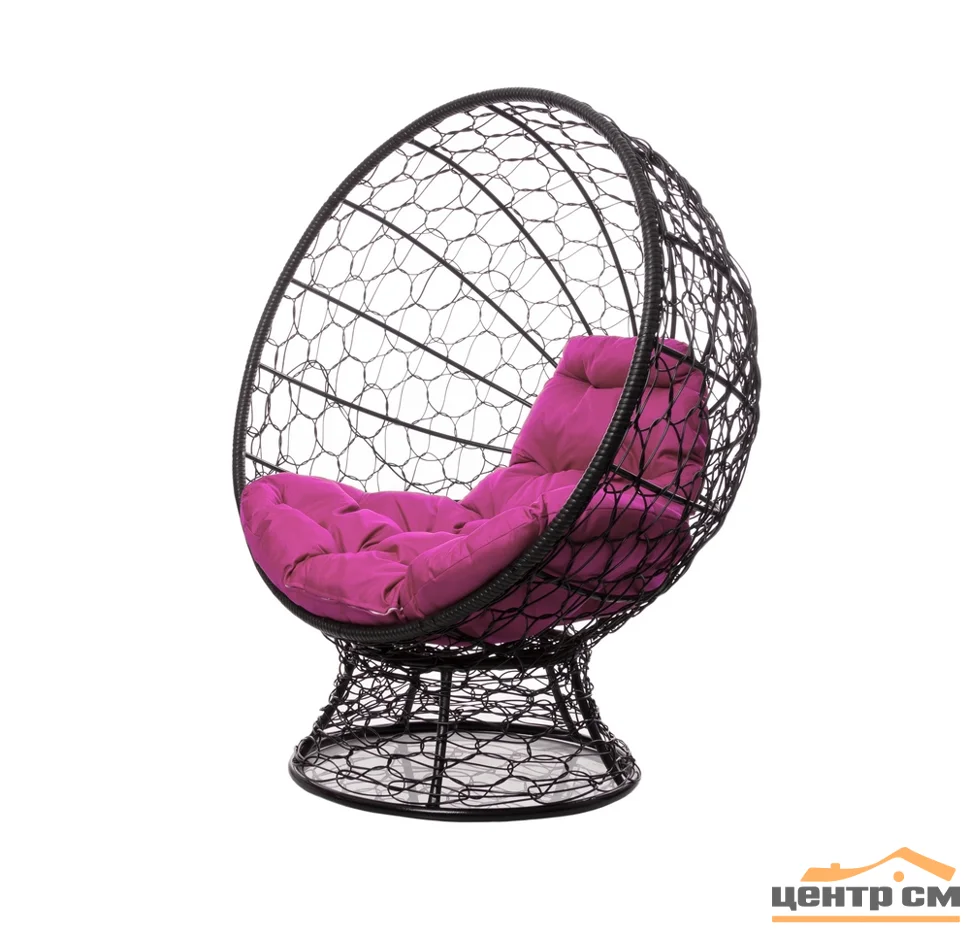 Кресло КОКОС на подставке с ротангом чёрное, розовая подушка
