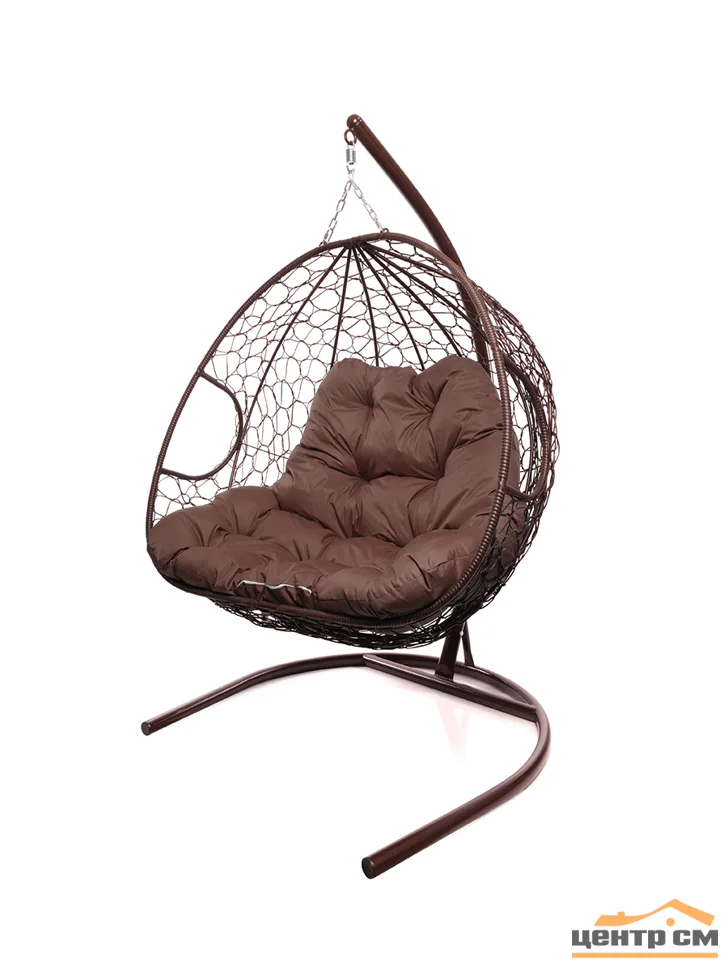 Подвесное кресло ДЛЯ ДВОИХ, цвет плетения – коричневый, подушка – коричневая, каркас – коричневый