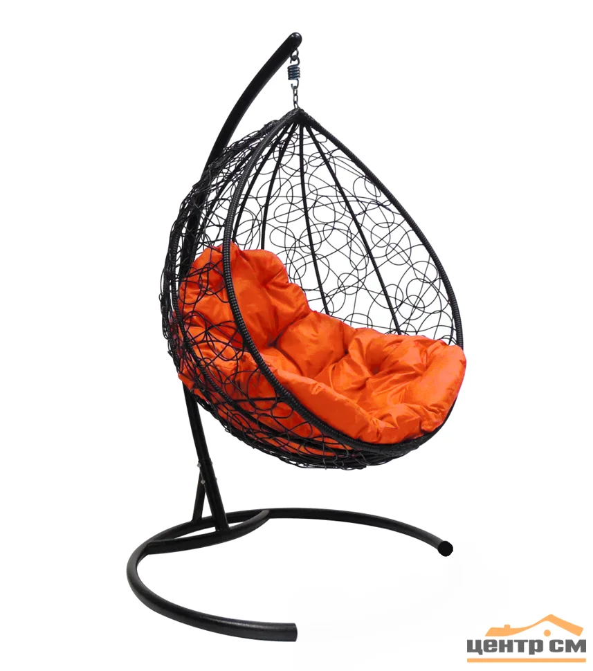 Подвесное кресло "Капля", цвет плетения – черный, подушка – оранжевая, каркас – черный