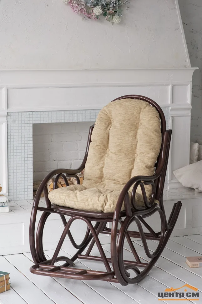 Кресло-качалка разборное с бежевой подушкой, темно-коричневый
