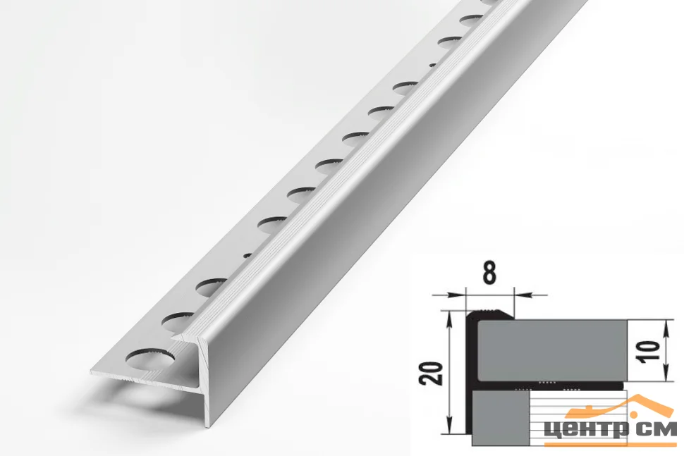 Профиль для плитки алюминиевый ПУ 13 окантовочный (10 мм) 2700 мм Цвет: Серебро анод