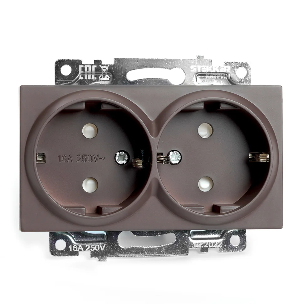 Розетка 2-местная (механизм) СП STEKKER Катрин с защитной шторкой с заземлением, 250В, 16А (GLS16-7114-04) шоколад