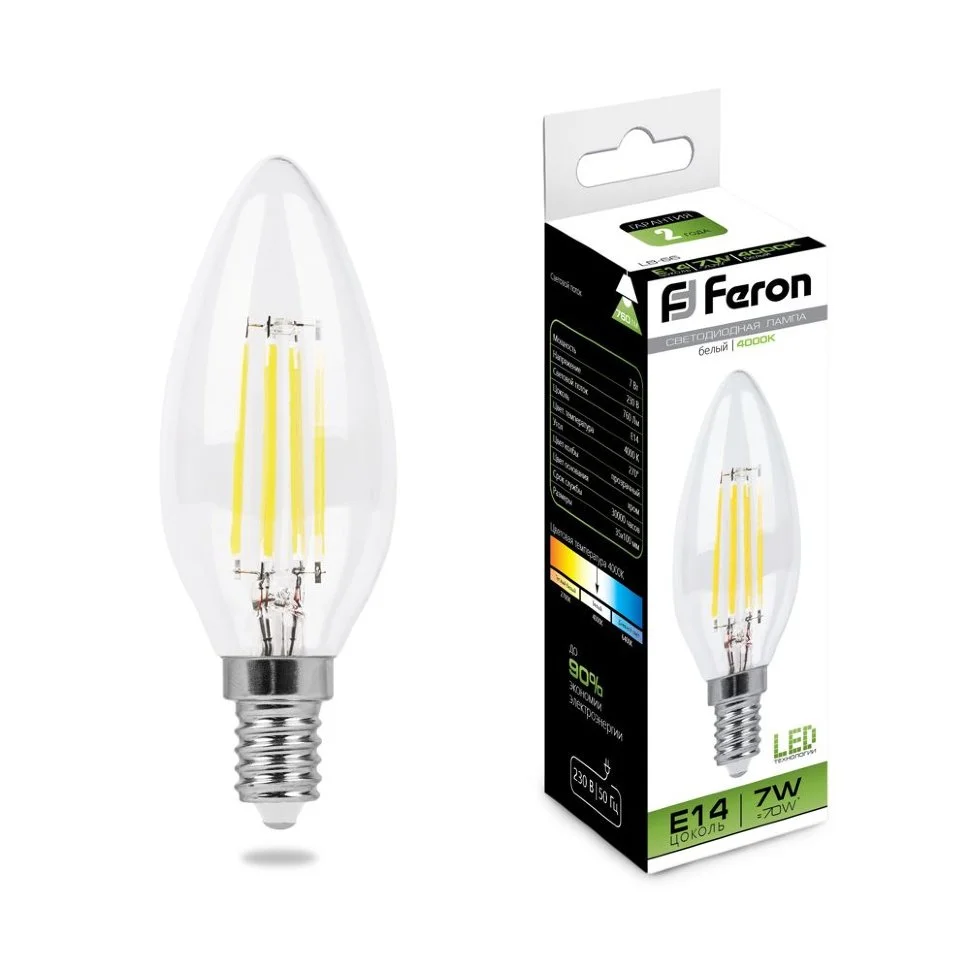 Лампа светодиодная 7W E14 230V 4000K 760Лм (белый) Свеча прозрачная филамент Feron, LB-66