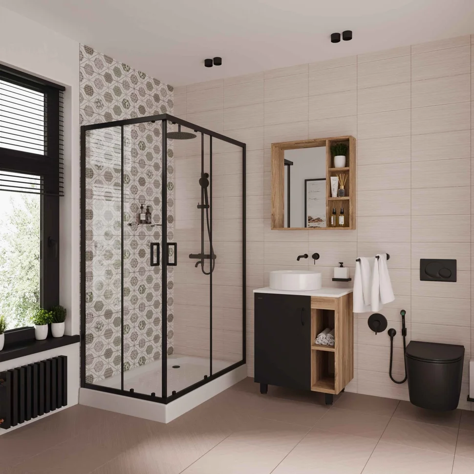 Ограждение душевое NIAGARA Nova NG-6881-08ВLACK (100х80х195) прямоугольник,черный,двери раздвижные,стекло прозрачное,1 место