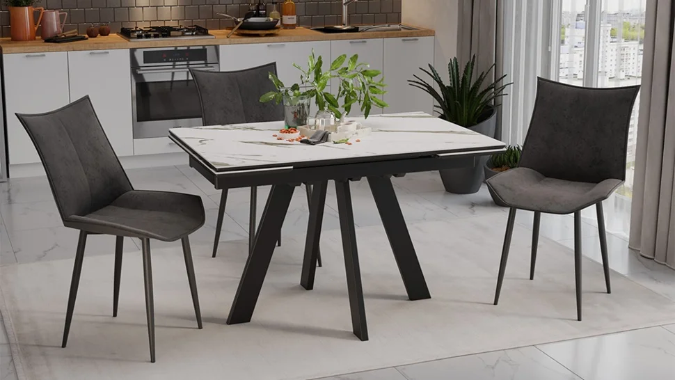 Стол обеденный раздвижной Джаггер Тип 1 1200*(1803)*770*800 (Черный муар/Керамика матовая белый мрамор)