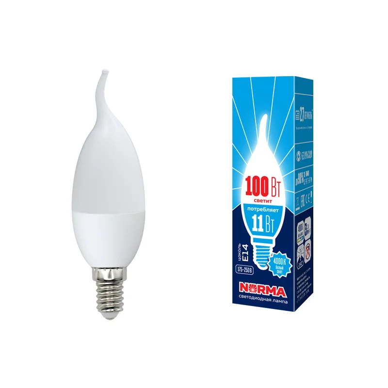 Лампа светодиодная 11W E14 220V 4000К 900Лм (белый) Свеча на ветру матовый (CW37) Volpe Norma