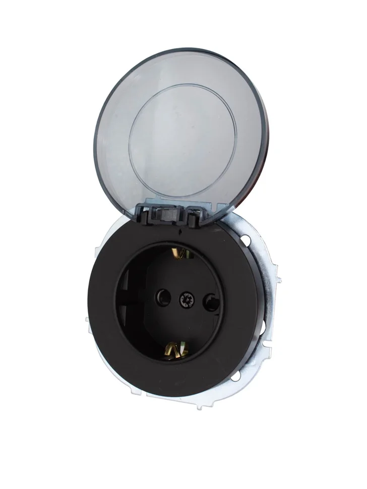 Розетка 1-местная СП Lezard OSEN с заземлением, с крышкой чёрный бархат