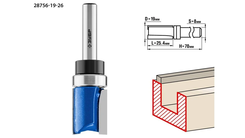 Фреза пазовая прямая с верхним подшипником, D= 19мм, рабочая длина-25,4мм, хв.-8мм, d-19мм, ЗУБР Профессионал
