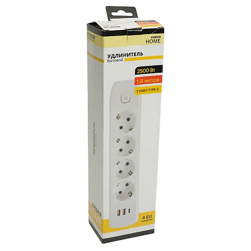 Удлинитель с заземлением 4 гнезда 1,8 метра 3x1мм2, 250В, 10А, 2USB+1Type-C 2,4А, серия Home, белый STEKKER HM08-43-02