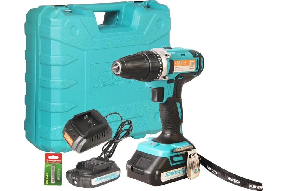 Дрель-шуруповерт аккумуляторная 18В, 1BatterySystem, 31Нм, 2х2.0Ач, конусный патрон, кейс Sturm Дрель-шуруповерт аккумуляторная 18В, 1BatterySystem, 31Нм, 2х2.0Ач, конусный патрон, кейс Sturm
