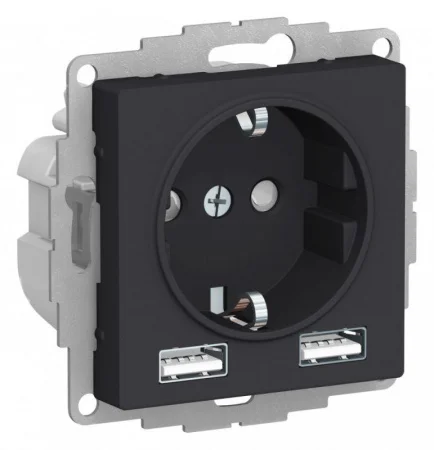Механизм розетки одноместный СП AtlasDesign 16А IP20 с 2-мя заряд. устройствами USB тип A+A 5В/2.4А 2х5В/1.2А карбон Systeme Electric ATN001030