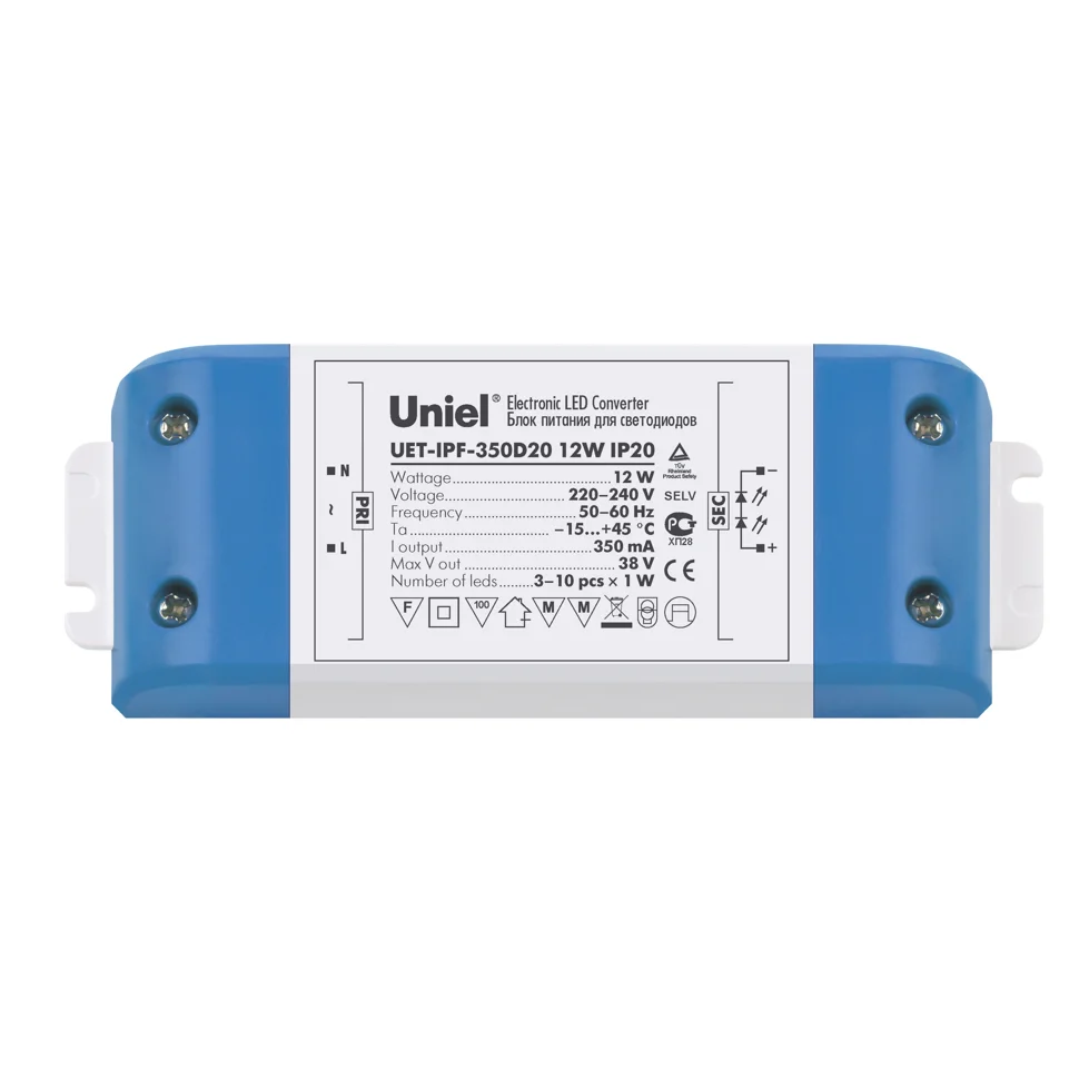 Драйвер для светодиодов 12Вт, 12В, IP20, Uniel UET-IPF-350D20