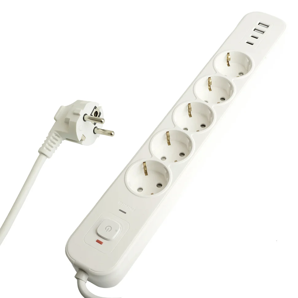 Фильтр сетевой с заземлением 5 гнезд 3 метра 3x1мм2, 250В, 16А, 2 USB-A+2 Type-C 3, HM21-51-03, белый STEKKER Nova