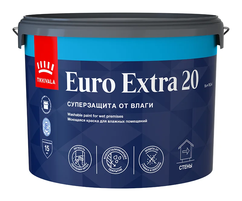 Краска ВД интерьерная моющаяся полуматовая Tikkivala (Tikkurila) EURO EXTRA 20 База C 9л Краска ВД интерьерная моющаяся полуматовая Tikkivala (Tikkurila) EURO EXTRA 20 База C 9л
