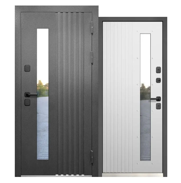 Дверь мет. LUXOR TERMO Рейка Стеклопакет 960х2050 "Пр" Букле антрацит/Эмалит белый