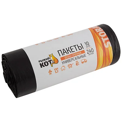 Пакеты для мусора "Рыжий кот" 240л, 10шт, особо прочные, черные, ПВД плотность 36мкм Пакеты для мусора "Рыжий кот" 240л, 10шт, особо прочные, черные, ПВД плотность 36мкм