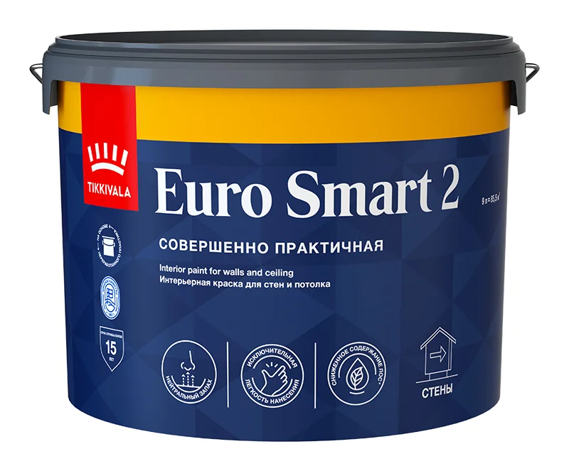 Краска ВД интерьерная глубокоматовая Tikkivala (Tikkurila) EURO SMART 2 A 9л Краска ВД интерьерная глубокоматовая Tikkivala (Tikkurila) EURO SMART 2 A 9л