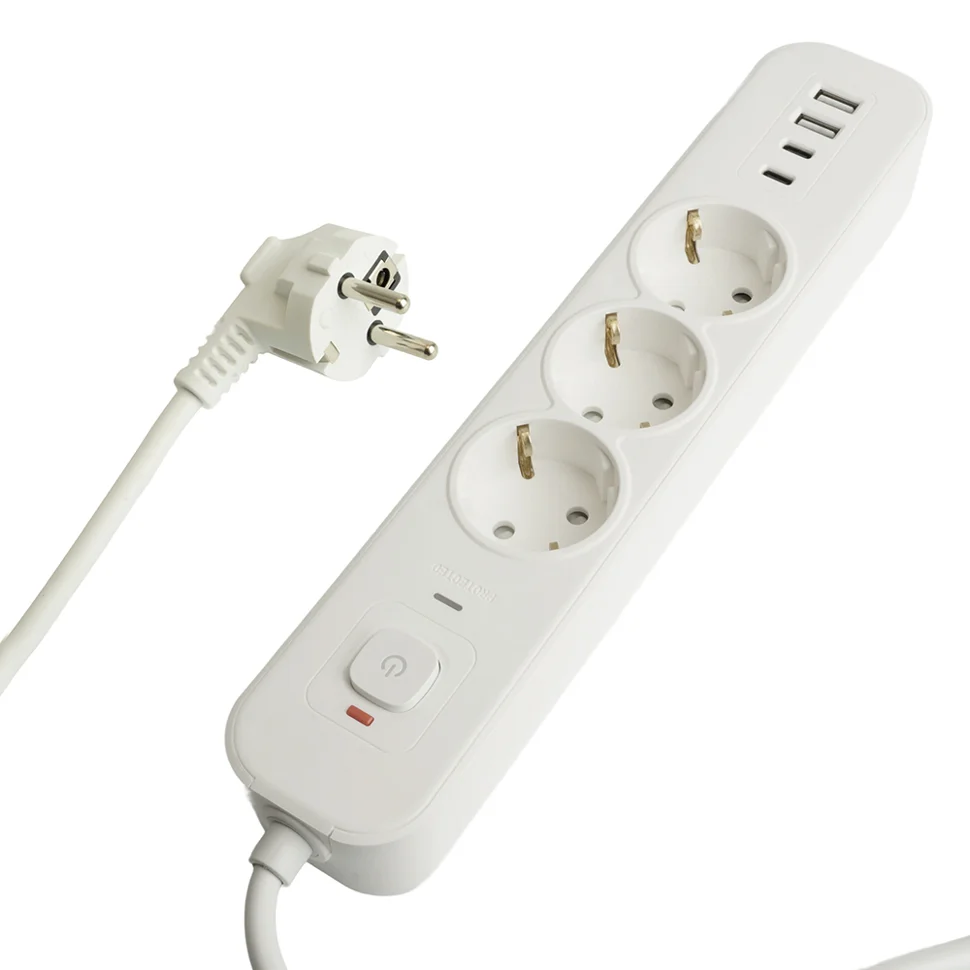 Фильтр сетевой с заземлением 3 гнезда 1,8 метра 3x1мм2, 250В, 16А, 2 USB-A+2 Type-C, HM21-31-02, белый STEKKER Nova