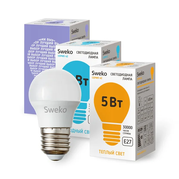 Лампа светодиодная 5Вт E27 220В 6500K 450Лм (холодный) Шарик (G45) Sweko 42 серия 42LED-G45-5W-230-6500K-E27-P