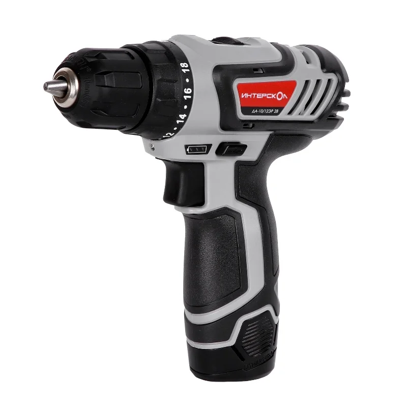 Дрель-шуруповерт аккумуляторная ИНТЕРСКОЛ ДА-10/12ЭР 28, Li-ion, экокейс (1 аккум., 2Ач, ЗУ)