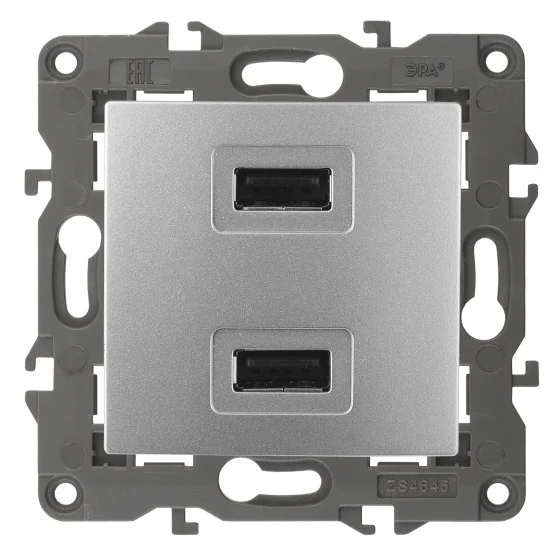 Розетка USB двойная СП Эра22 Elegance 230В/5В-2100мА алюминий, арт.14-4110-03