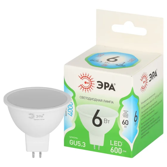 Лампа светодиодная 6W G5.3 220V 4000К 600Лм (белый) ЭРА, GREEN LINE LED MR16-6W-840-GU5.3 GL
