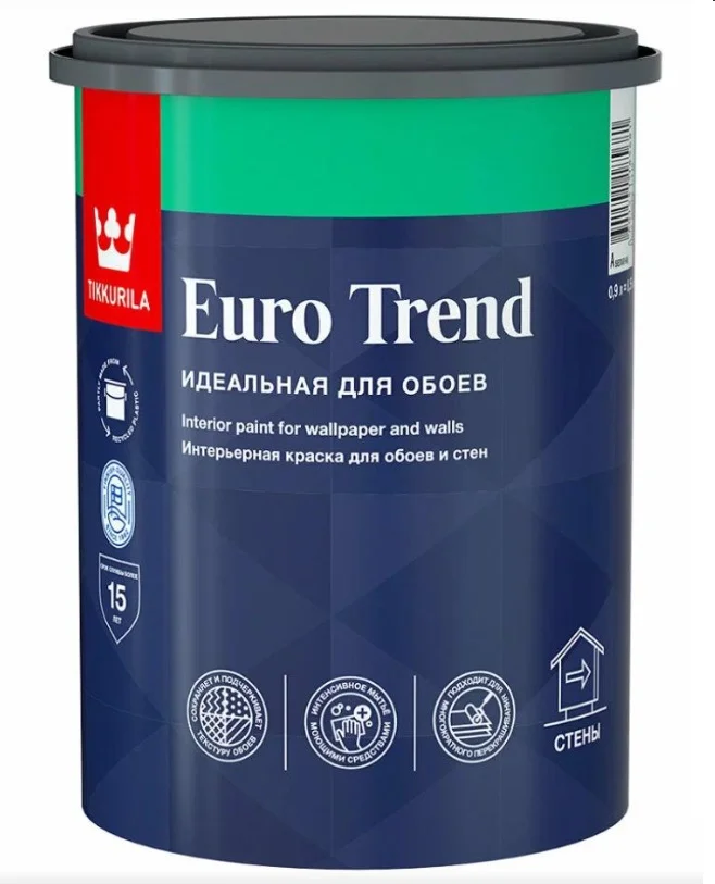 Краска ВД интерьерная для обоев и стен матовая Tikkurila EURO TREND База А 0,9л