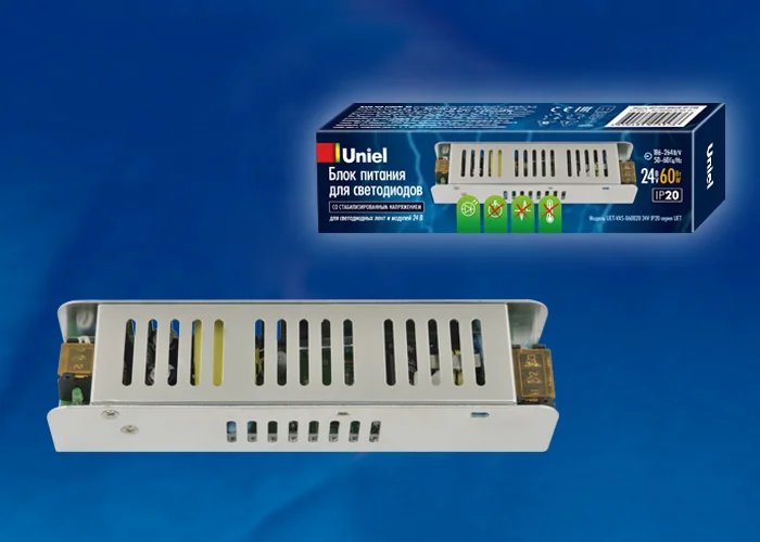 Блок питания 60Вт, 24В, IP20 Uniel UET-VAS-060B20