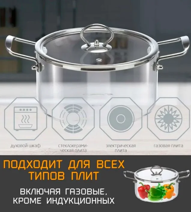 Кастрюля из жаропрочного боросиликатного стекла LEONORD ITALIANO 3,5л с крышкой с пароотводом