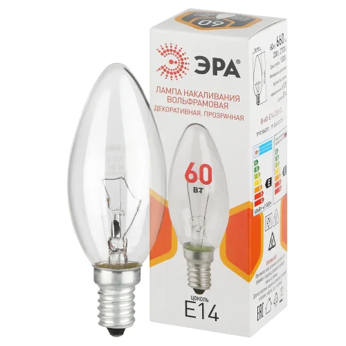 Лампа накаливания 60W E14 230В свечка прозрачная Китай ЭРА B36