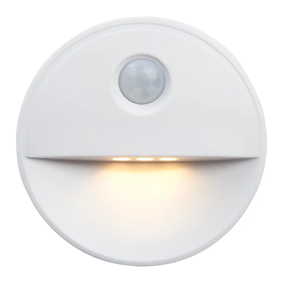 Подсветка для лестниц Feron FN1221 с датчиком движения и освещенности 2LED 0,5W (3хААА в комплект не входят) 3м, IP20, 72*72*25mm, круг, белый