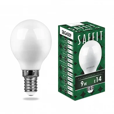 Лампа светодиодная 9W E14 230V 6400K 810Лм (дневной) Шарик матовый (G45) SAFFIT, SBG4509