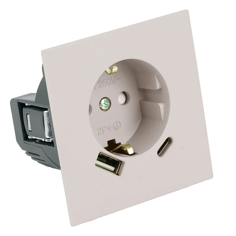 Розетка 1-местная + USB + Type C (механизм) СП STEKKER Мия с защитной шторкой и заземлением, 250В, 16А, RST16-3119-08, пудровый жемчуг