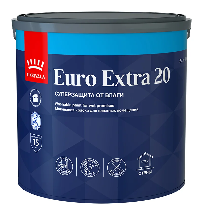 Краска ВД интерьерная моющаяся полуматовая Tikkivala (Tikkurila) EURO EXTRA 20 База А 2,7л Краска ВД интерьерная моющаяся полуматовая Tikkivala (Tikkurila) EURO EXTRA 20 База А 2,7л