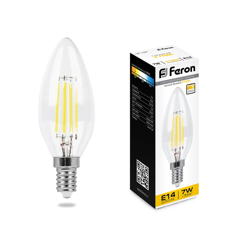Лампа светодиодная 7W E14 230V 2700K (желтый) Свеча (C35) филамент диммируемая Feron, LB-166