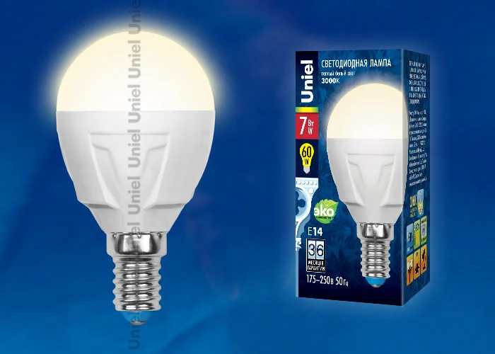 Лампа светодиодная 7W E14 220V 3000К 600Лм (теплый белый) Шар матовый яркая (G45) Uniel,WW/FR PLP01WH*