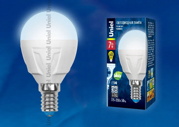 Лампа светодиодная 7W E14 220V 4000К 600Лм (белый) Шар матовый яркая (G45) Uniel, NW/FR PLP01WH